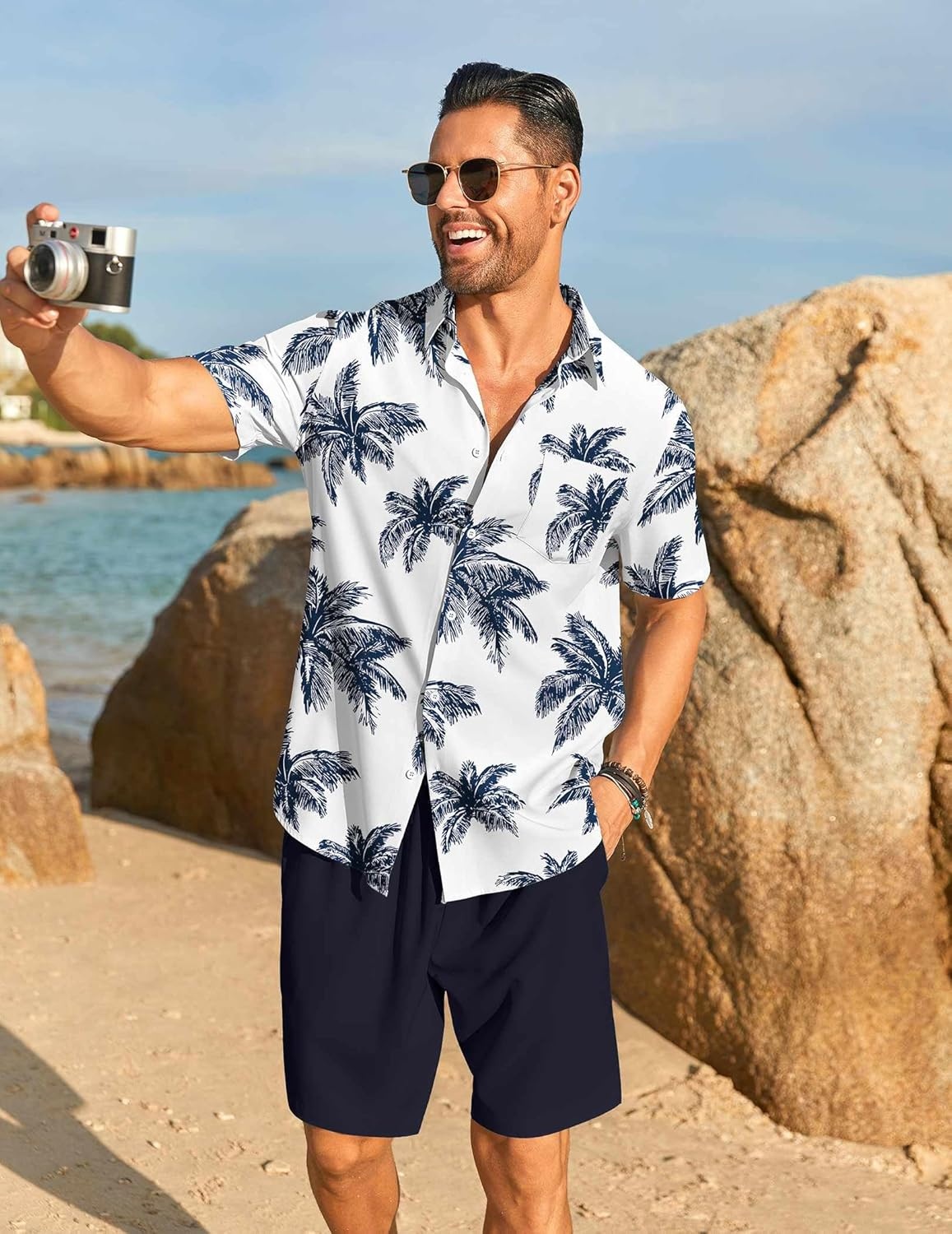 image:imageCOOFANDY Mens Hawaiian 2 Piece Outfits Floral Button Down Shirt and Shorts Vacation Outfits Summer Beach Matching SetCoconut Treesnavy Blue