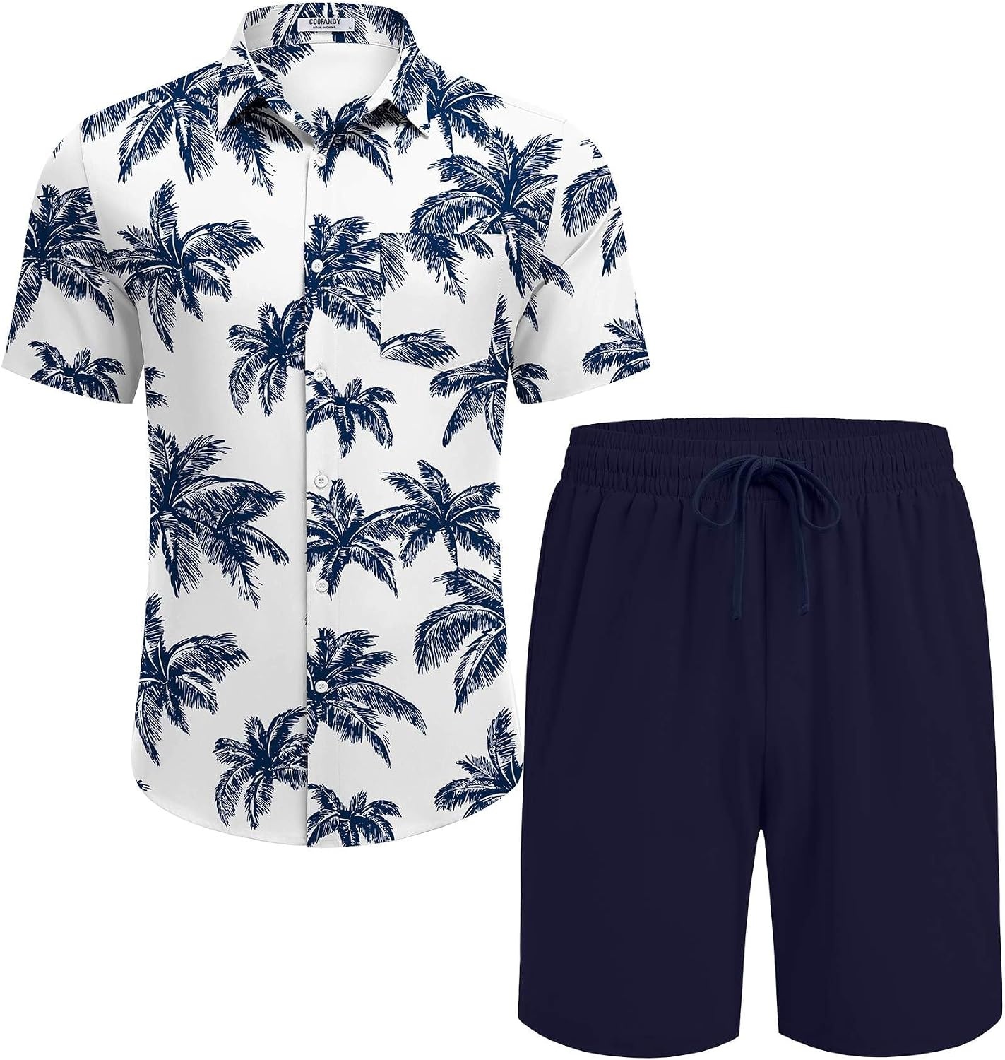 image:imageCOOFANDY Mens Hawaiian 2 Piece Outfits Floral Button Down Shirt and Shorts Vacation Outfits Summer Beach Matching SetCoconut Treesnavy Blue