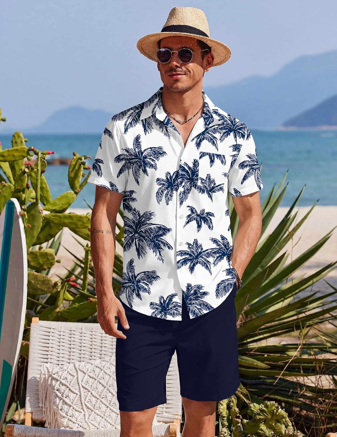 image:imageCOOFANDY Mens Hawaiian 2 Piece Outfits Floral Button Down Shirt and Shorts Vacation Outfits Summer Beach Matching SetCoconut Treesnavy Blue