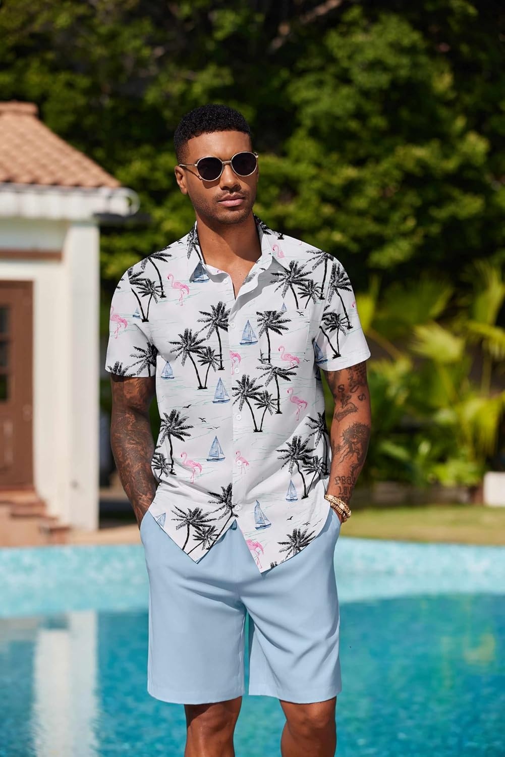 image:imageCOOFANDY Mens Hawaiian 2 Piece Outfits Floral Button Down Shirt and Shorts Vacation Outfits Summer Beach Matching SetIsland Light Blue