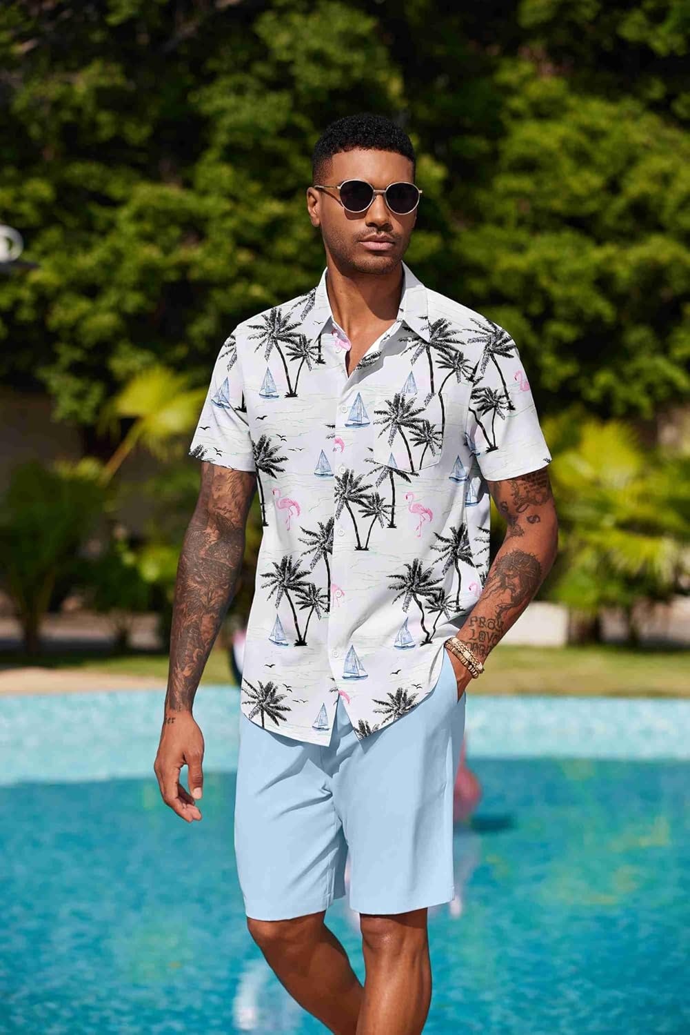 image:imageCOOFANDY Mens Hawaiian 2 Piece Outfits Floral Button Down Shirt and Shorts Vacation Outfits Summer Beach Matching SetIsland Light Blue