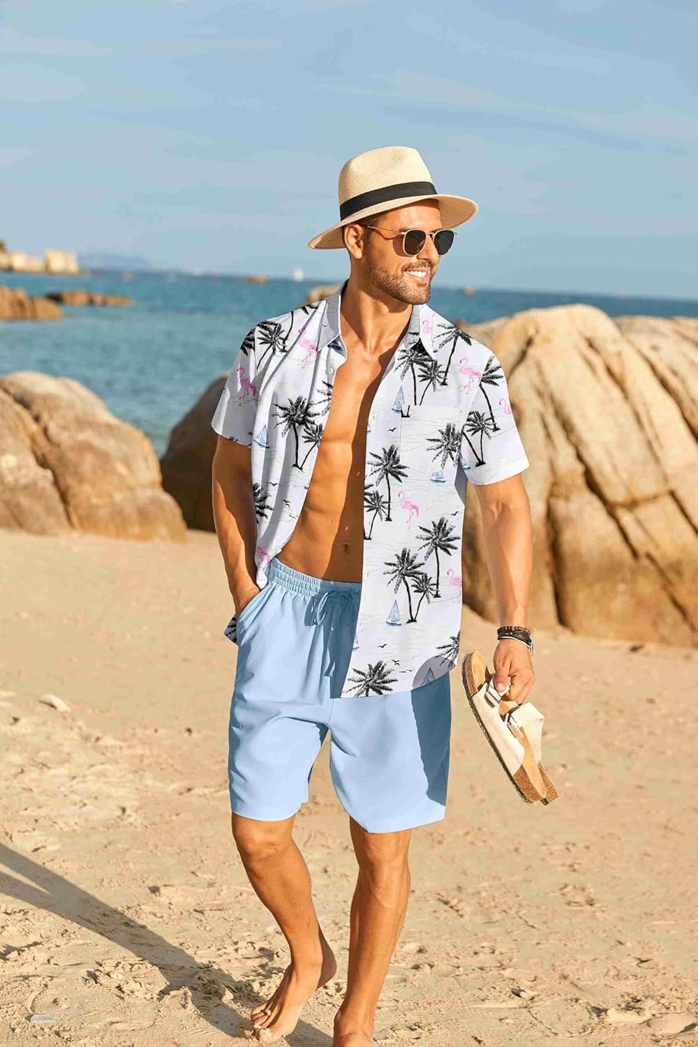 image:imageCOOFANDY Mens Hawaiian 2 Piece Outfits Floral Button Down Shirt and Shorts Vacation Outfits Summer Beach Matching SetIsland Light Blue