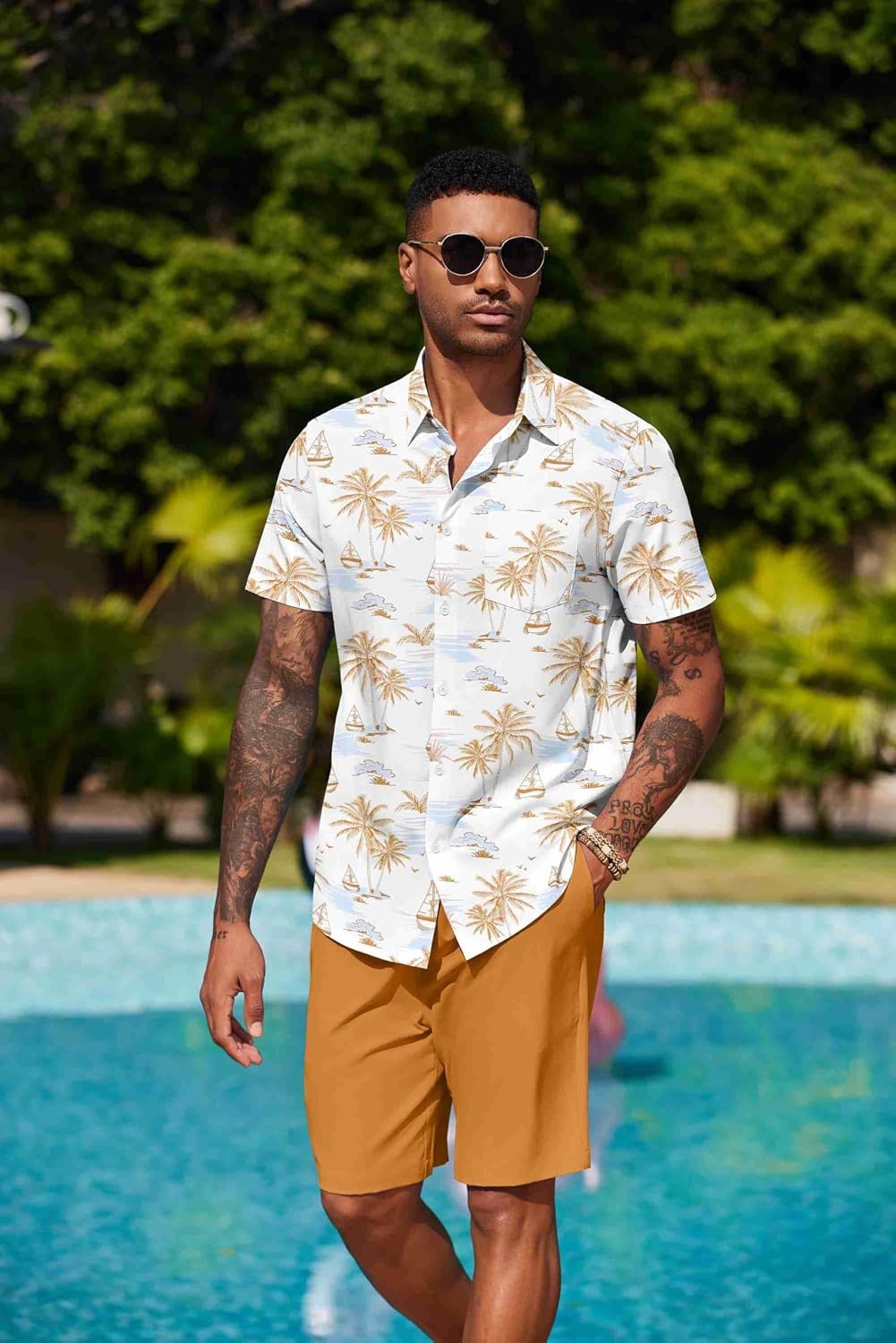 image:imageCOOFANDY Mens Hawaiian 2 Piece Outfits Floral Button Down Shirt and Shorts Vacation Outfits Summer Beach Matching SetIsland Sailboat Orange