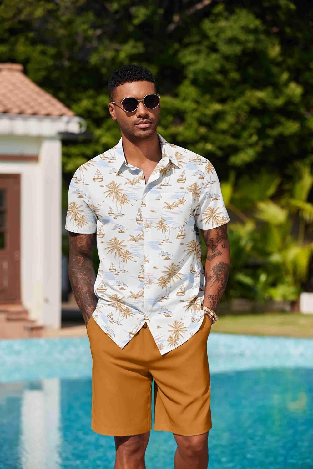 image:imageCOOFANDY Mens Hawaiian 2 Piece Outfits Floral Button Down Shirt and Shorts Vacation Outfits Summer Beach Matching SetIsland Sailboat Orange