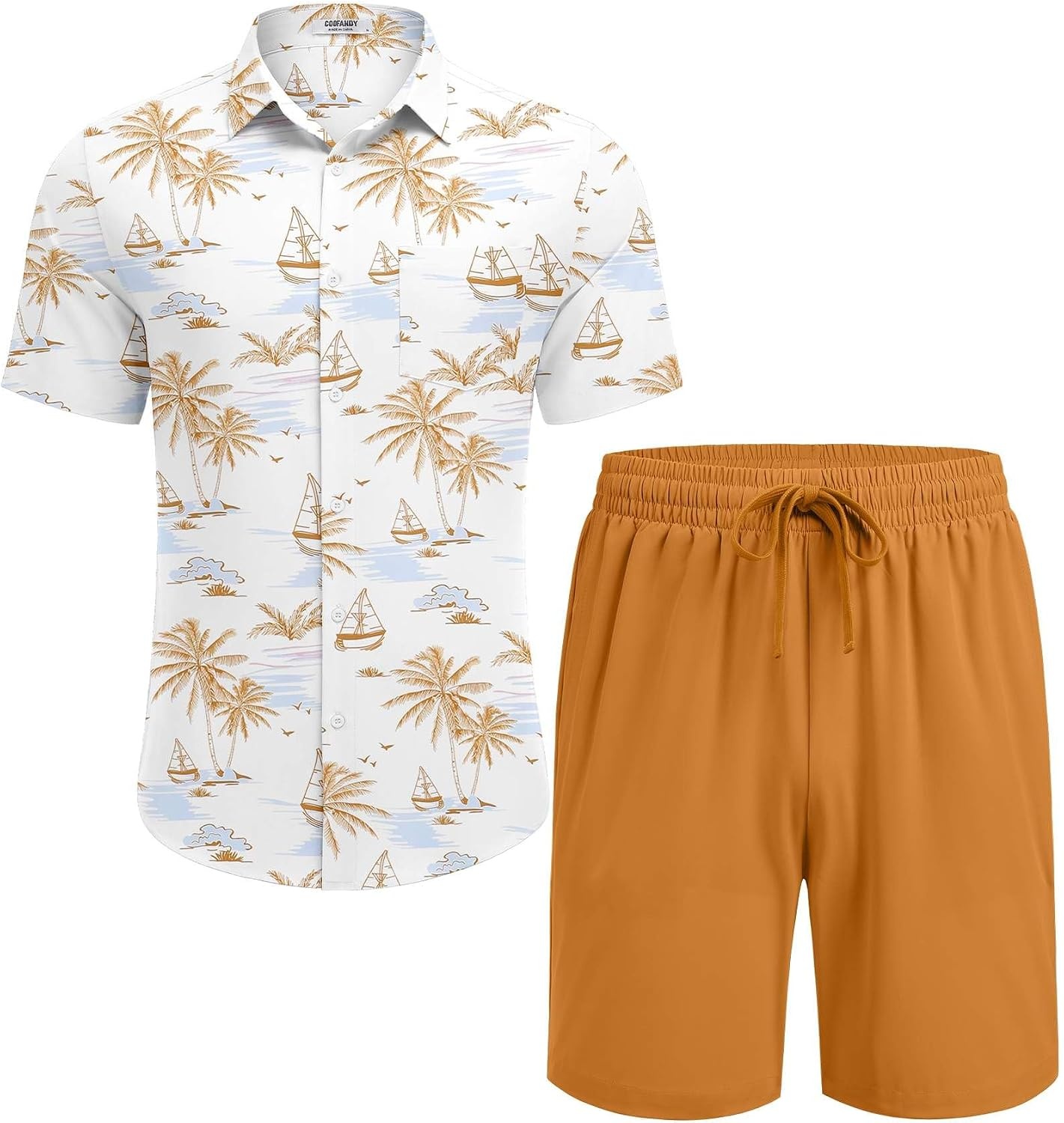image:imageCOOFANDY Mens Hawaiian 2 Piece Outfits Floral Button Down Shirt and Shorts Vacation Outfits Summer Beach Matching SetIsland Sailboat Orange