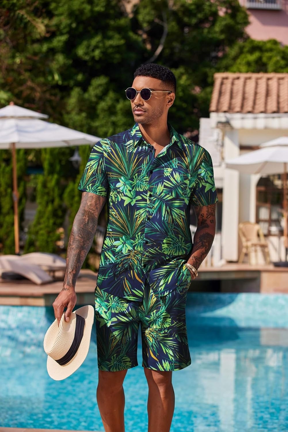 image:imageCOOFANDY Mens Hawaiian 2 Piece Outfits Floral Button Down Shirt and Shorts Vacation Outfits Summer Beach Matching SetLeaf Green Black