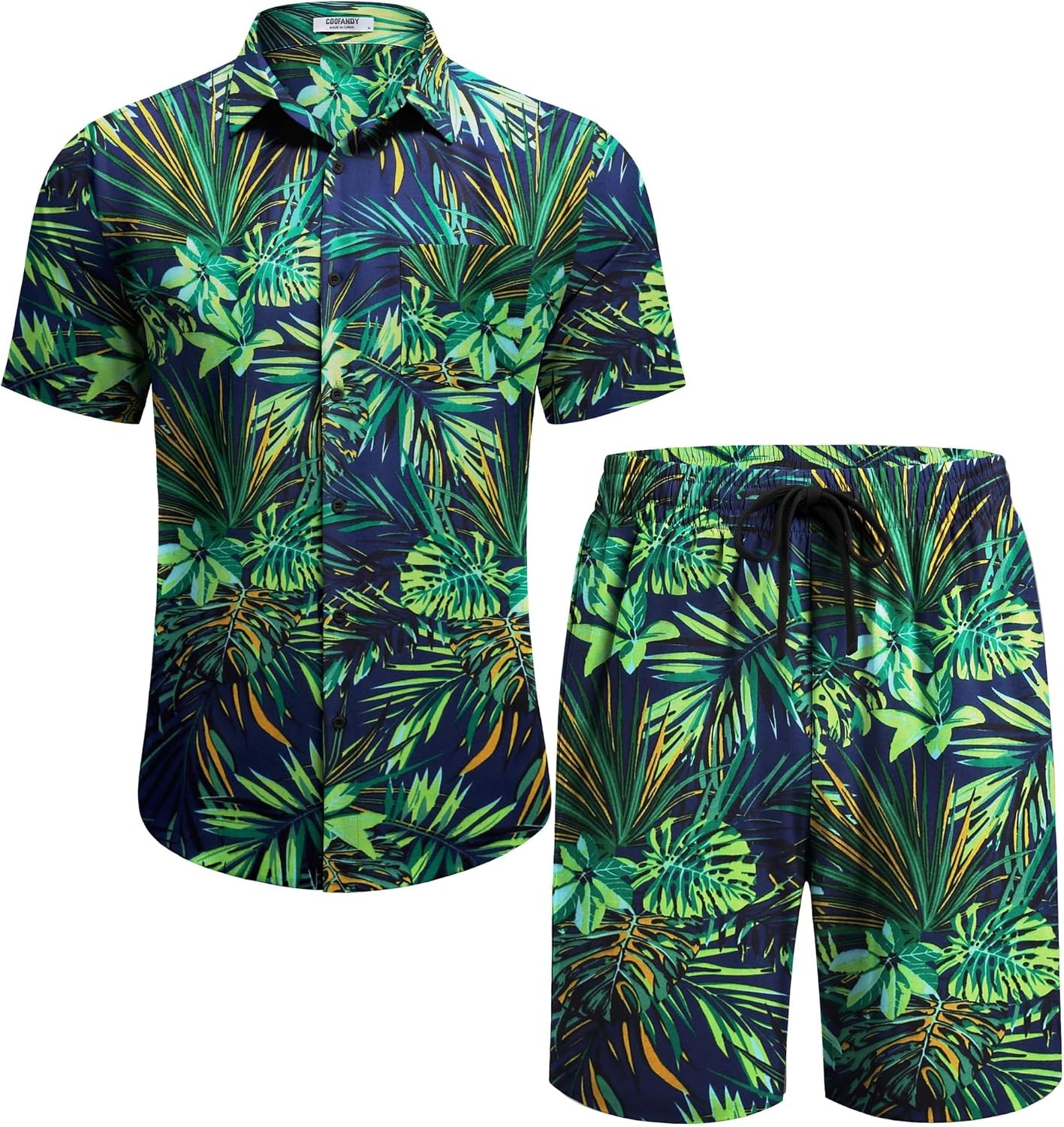image:imageCOOFANDY Mens Hawaiian 2 Piece Outfits Floral Button Down Shirt and Shorts Vacation Outfits Summer Beach Matching SetLeaf Green Black