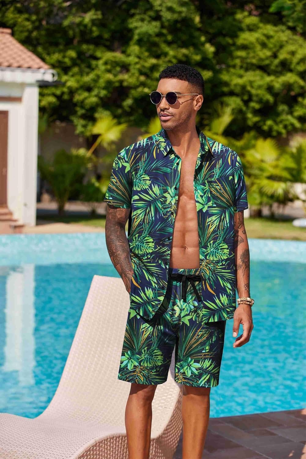 image:imageCOOFANDY Mens Hawaiian 2 Piece Outfits Floral Button Down Shirt and Shorts Vacation Outfits Summer Beach Matching SetLeaf Green Black