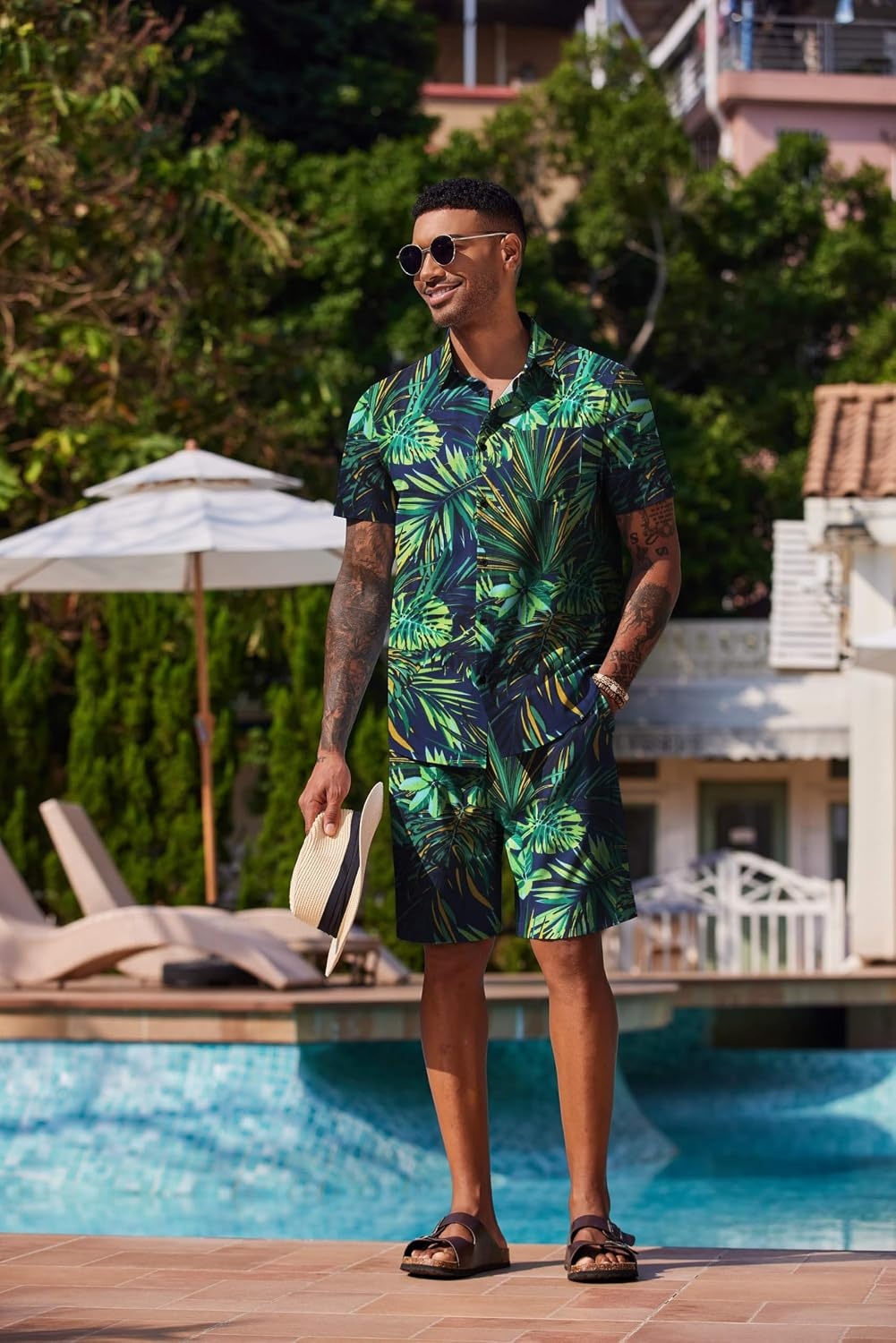 image:imageCOOFANDY Mens Hawaiian 2 Piece Outfits Floral Button Down Shirt and Shorts Vacation Outfits Summer Beach Matching SetLeaf Green Black