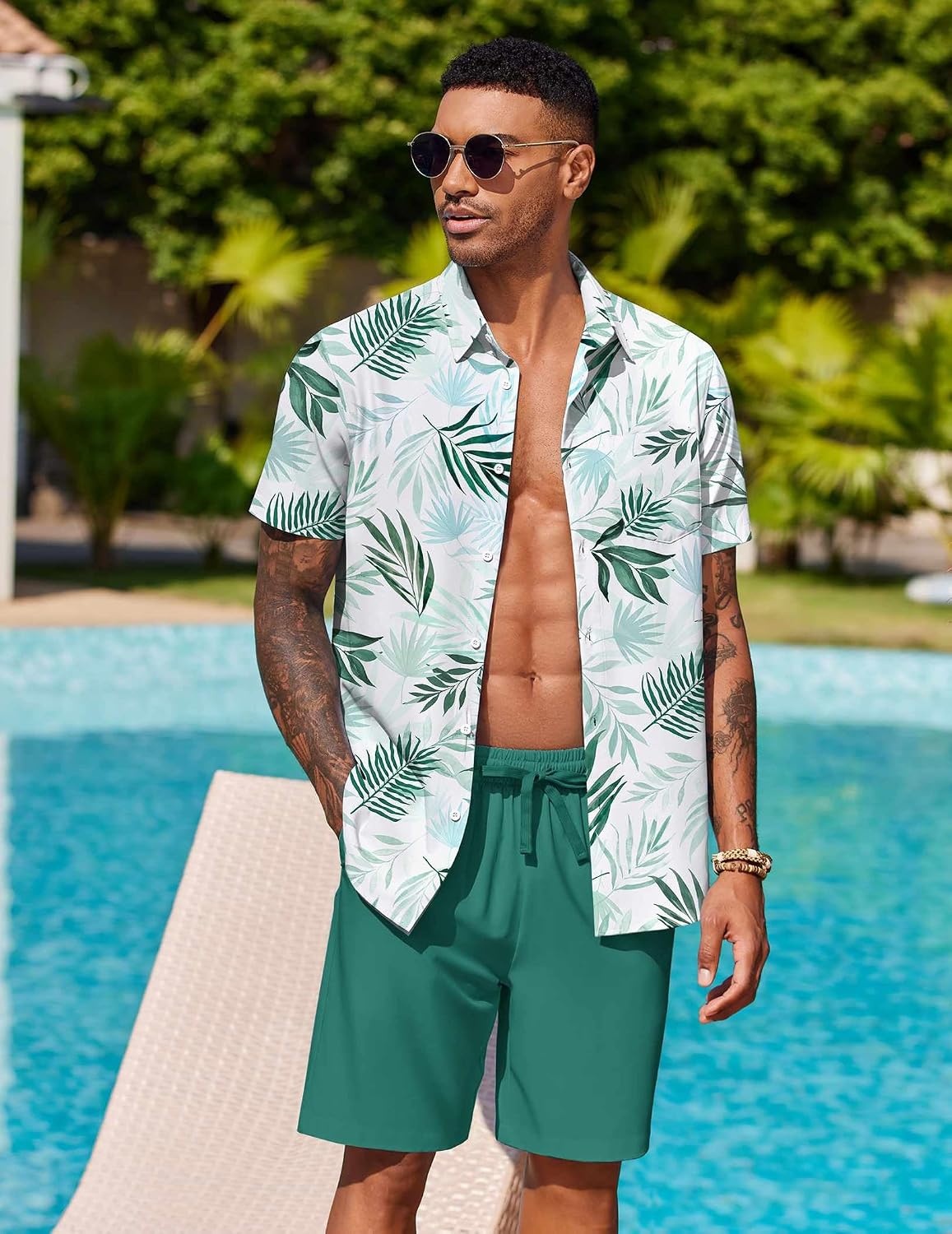 image:imageCOOFANDY Mens Hawaiian 2 Piece Outfits Floral Button Down Shirt and Shorts Vacation Outfits Summer Beach Matching SetLeaf Light Green