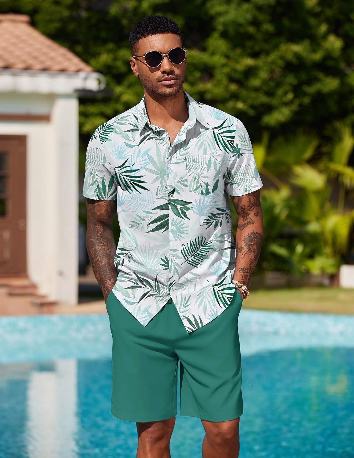 image:imageCOOFANDY Mens Hawaiian 2 Piece Outfits Floral Button Down Shirt and Shorts Vacation Outfits Summer Beach Matching SetLeaf Light Green