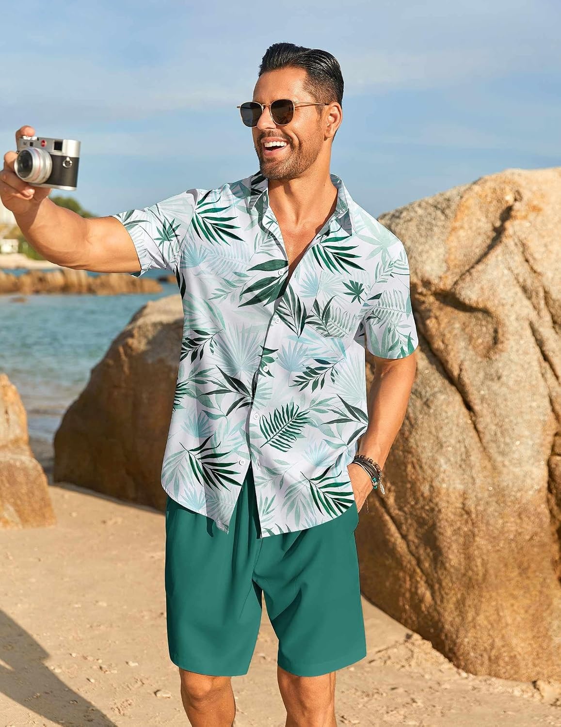 image:imageCOOFANDY Mens Hawaiian 2 Piece Outfits Floral Button Down Shirt and Shorts Vacation Outfits Summer Beach Matching SetLeaf Light Green