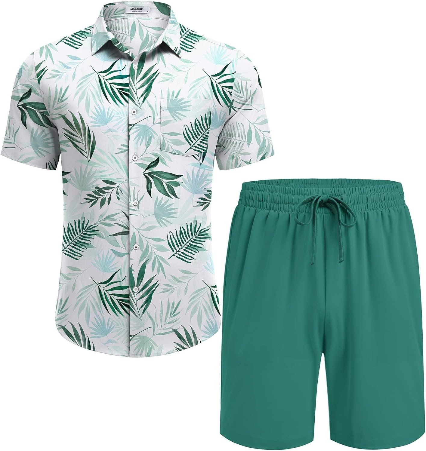 image:imageCOOFANDY Mens Hawaiian 2 Piece Outfits Floral Button Down Shirt and Shorts Vacation Outfits Summer Beach Matching SetLeaf Light Green