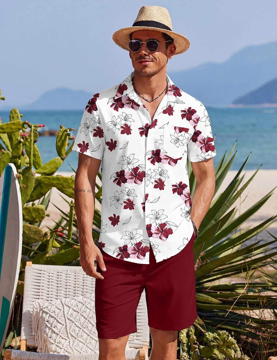 image:imageCOOFANDY Mens Hawaiian 2 Piece Outfits Floral Button Down Shirt and Shorts Vacation Outfits Summer Beach Matching SetWhite Red Floral