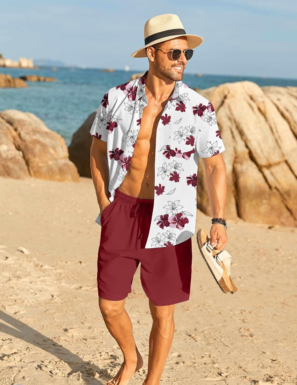 image:imageCOOFANDY Mens Hawaiian 2 Piece Outfits Floral Button Down Shirt and Shorts Vacation Outfits Summer Beach Matching SetWhite Red Floral