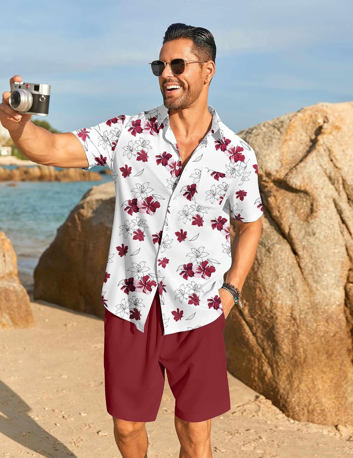 image:imageCOOFANDY Mens Hawaiian 2 Piece Outfits Floral Button Down Shirt and Shorts Vacation Outfits Summer Beach Matching SetWhite Red Floral