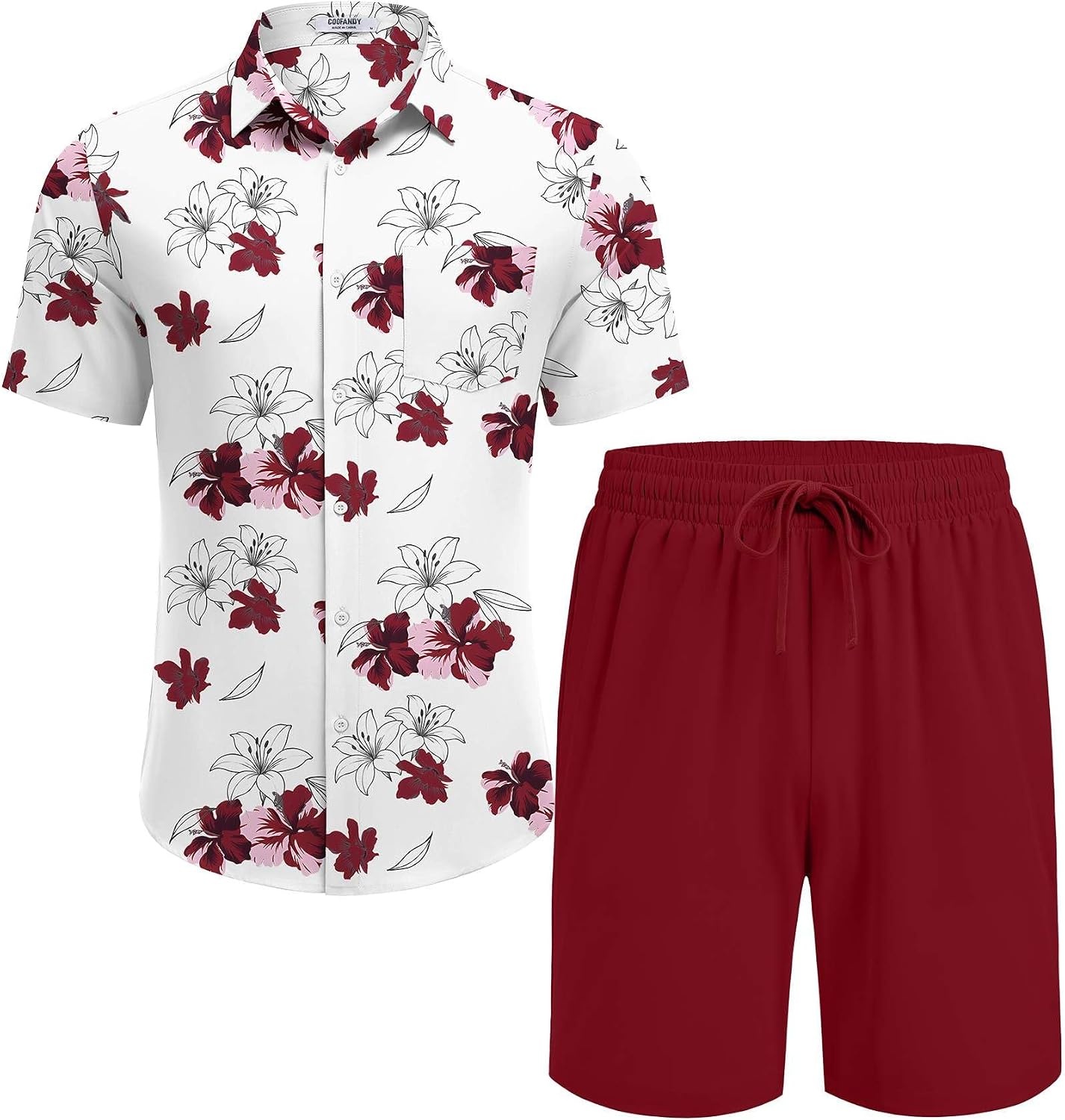 image:imageCOOFANDY Mens Hawaiian 2 Piece Outfits Floral Button Down Shirt and Shorts Vacation Outfits Summer Beach Matching SetWhite Red Floral