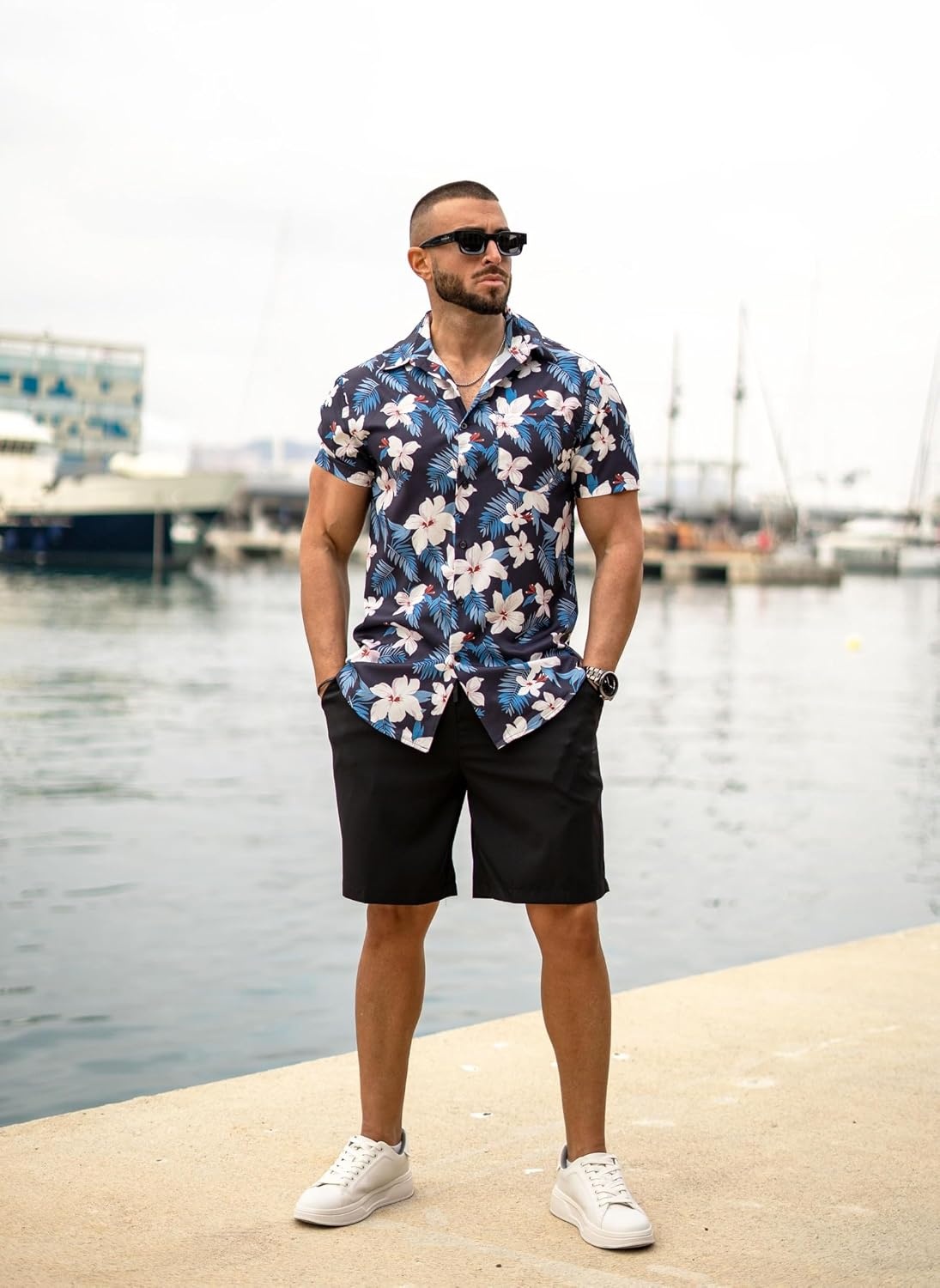 image:imageCOOFANDY Mens Hawaiian 2 Piece Outfits Floral Button Down Shirt and Shorts Vacation Outfits Summer Beach Matching SetWhite Floral Navy