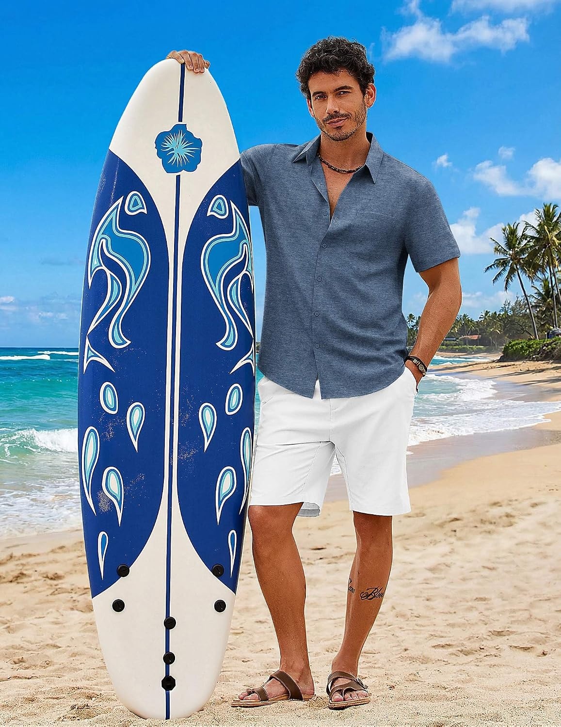 image:imageCOOFANDY Mens Short Sleeve Button Down Shirts Casual Summer Shirts Linen Beach Shirt with PocketDenim Blue