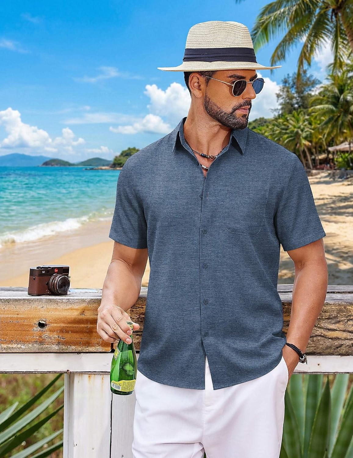 image:imageCOOFANDY Mens Short Sleeve Button Down Shirts Casual Summer Shirts Linen Beach Shirt with PocketDenim Blue