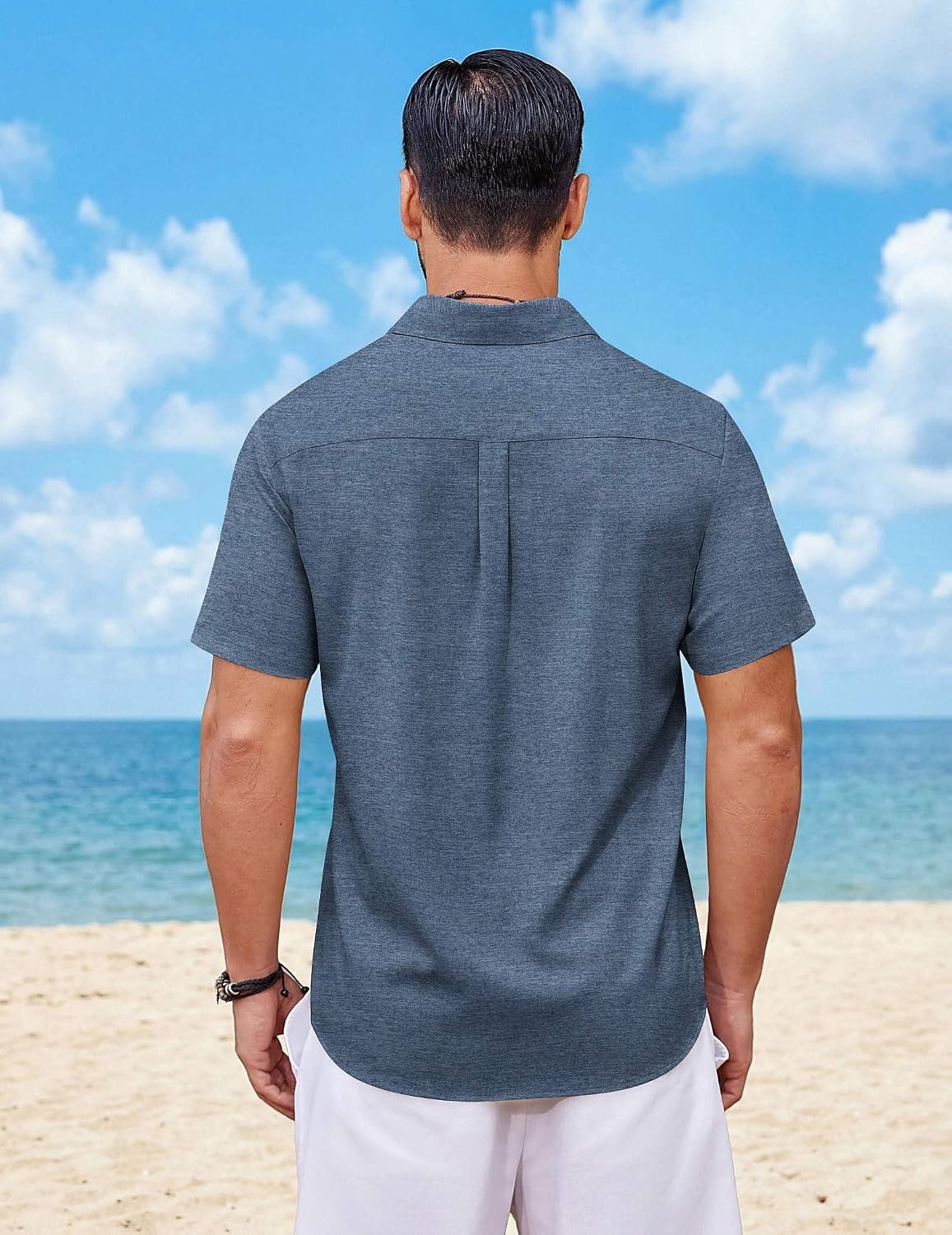 image:imageCOOFANDY Mens Short Sleeve Button Down Shirts Casual Summer Shirts Linen Beach Shirt with PocketDenim Blue
