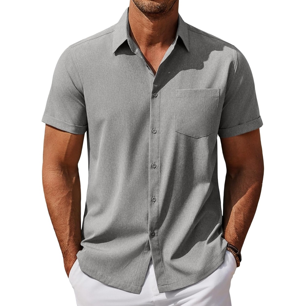 image:imageCOOFANDY Mens Button Down Shirt Short Sleeve Summer Beach Shirts Linen Texture Casual Shirts with Pocket Light Gray
