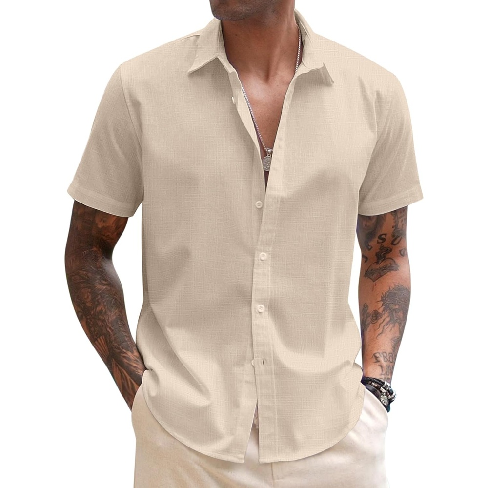 image:imageCOOFANDY Mens Button Down Short Sleeve Beach Shirts Casual Summer Button Up Cruise Vacation Linen ShirtBeige