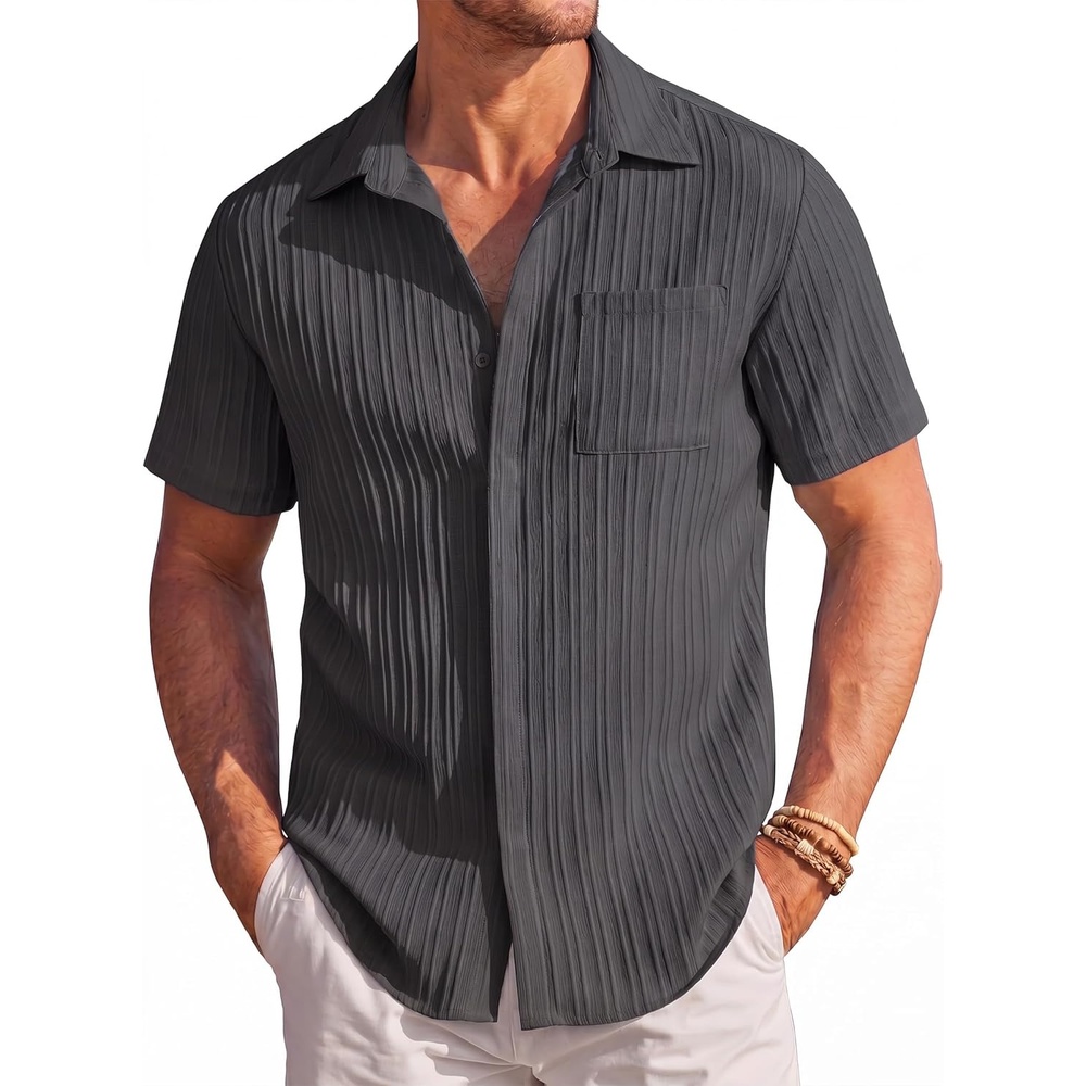 image:imageCOOFANDY Mens Casual Textured Short Sleeve Button Down Summer Beach ShirtDark Gray