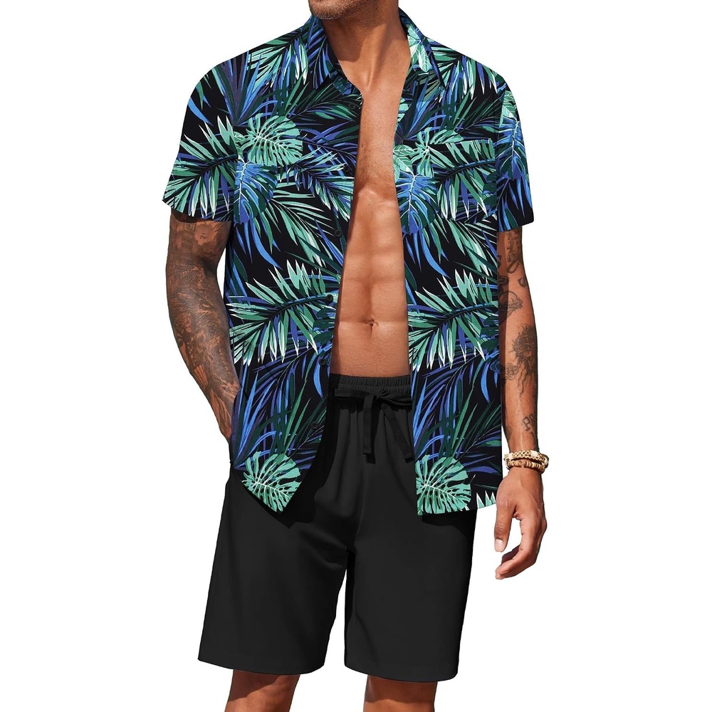 image:imageCOOFANDY Mens Hawaiian 2 Piece Outfits Floral Button Down Shirt and Shorts Vacation Outfits Summer Beach Matching SetLeaf Blue Black