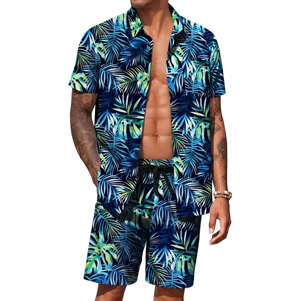 image:imageCOOFANDY Mens Hawaiian 2 Piece Outfits Floral Button Down Shirt and Shorts Vacation Outfits Summer Beach Matching SetLeaf Green