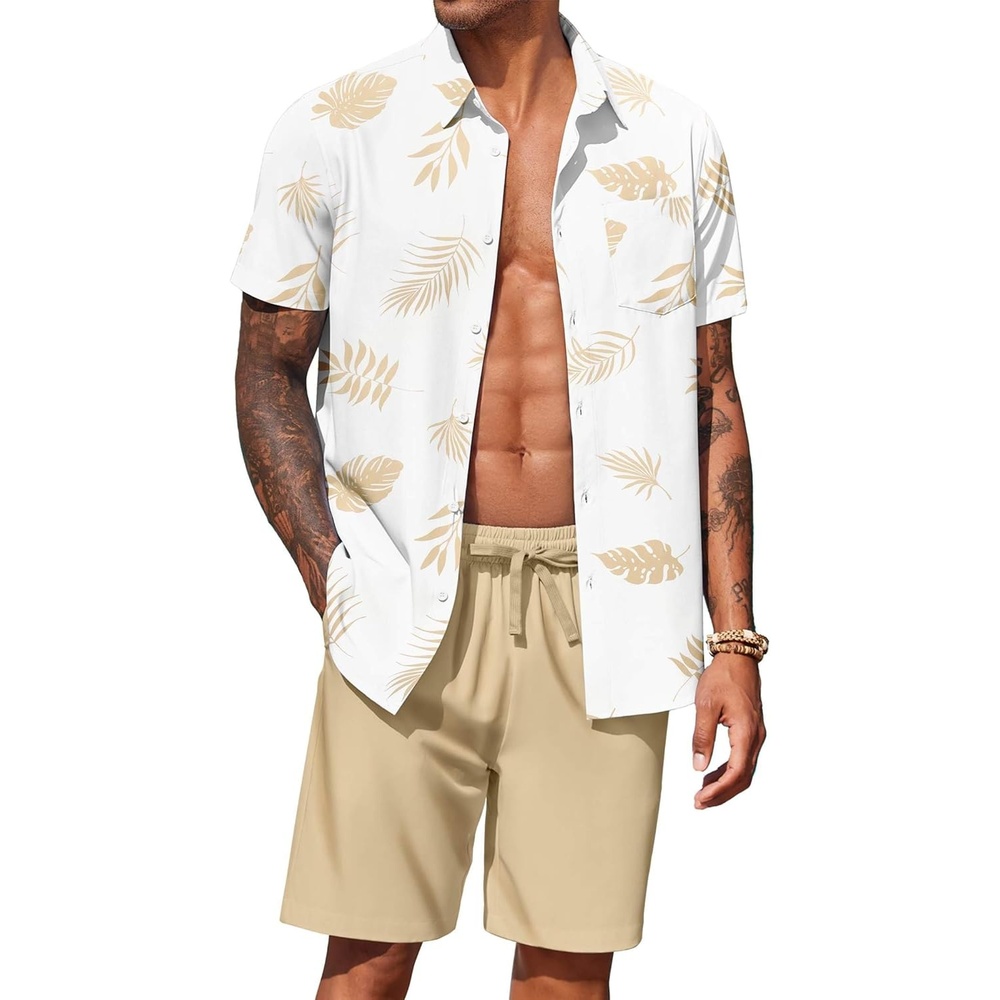 image:imageCOOFANDY Mens Hawaiian 2 Piece Outfits Floral Button Down Shirt and Shorts Vacation Outfits Summer Beach Matching SetPalm Leaf White
