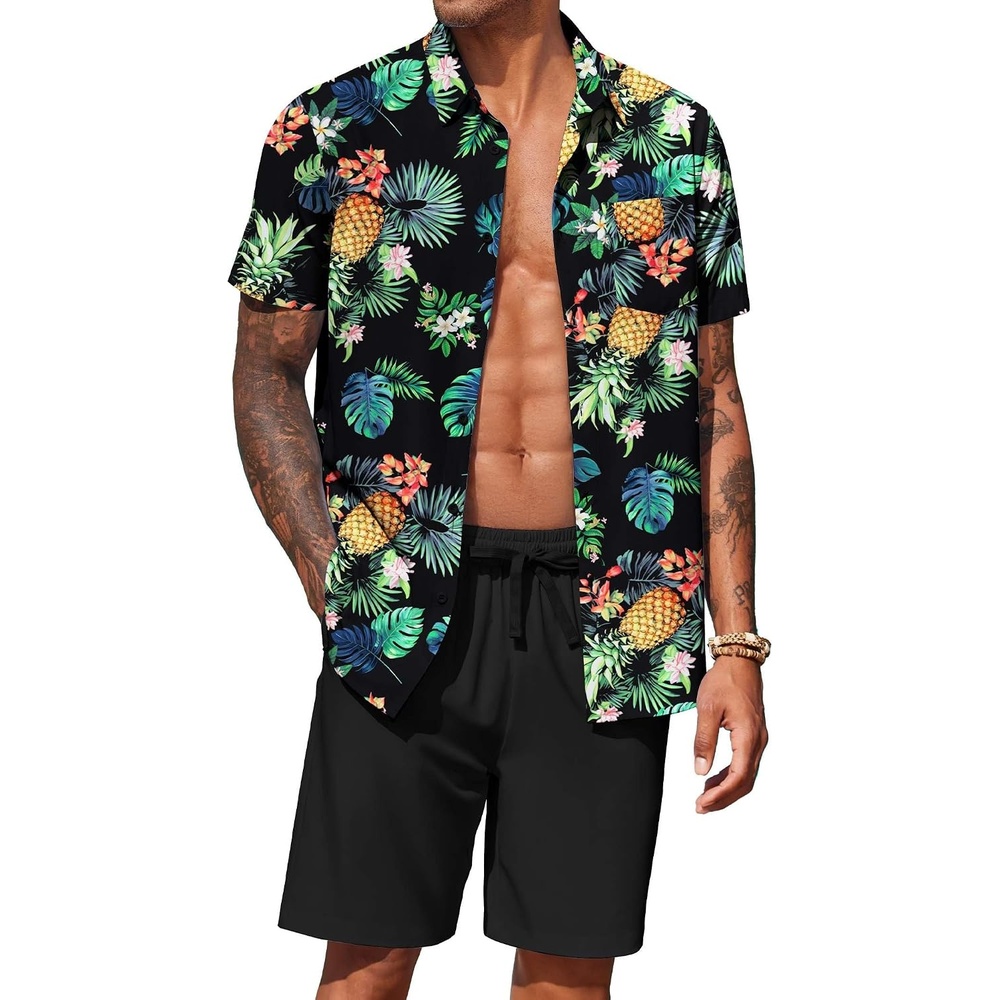 image:imageCOOFANDY Mens Hawaiian 2 Piece Outfits Floral Button Down Shirt and Shorts Vacation Outfits Summer Beach Matching SetPineapple Leaf Black