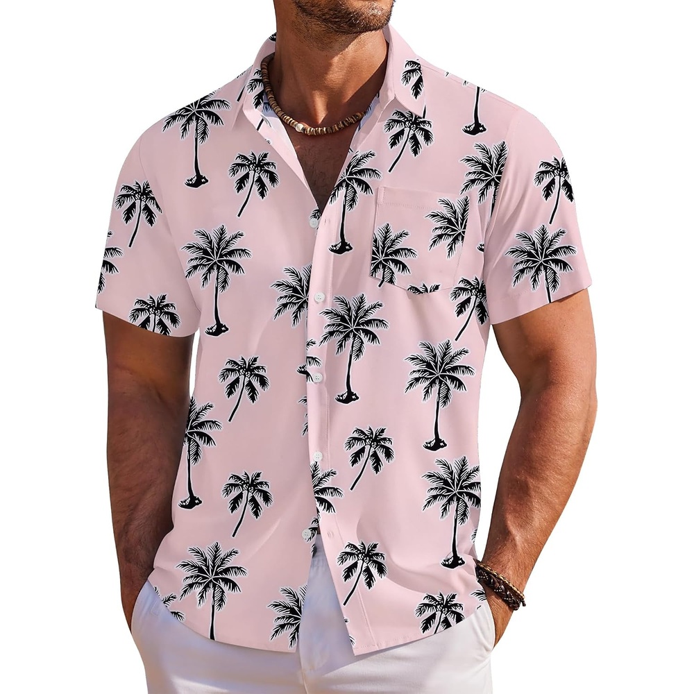 image:imageCOOFANDY Mens Hawaiian Shirt Short Sleeve Floral Button Down Shirts Tropical Holiday Beach ShirtsPink Tree