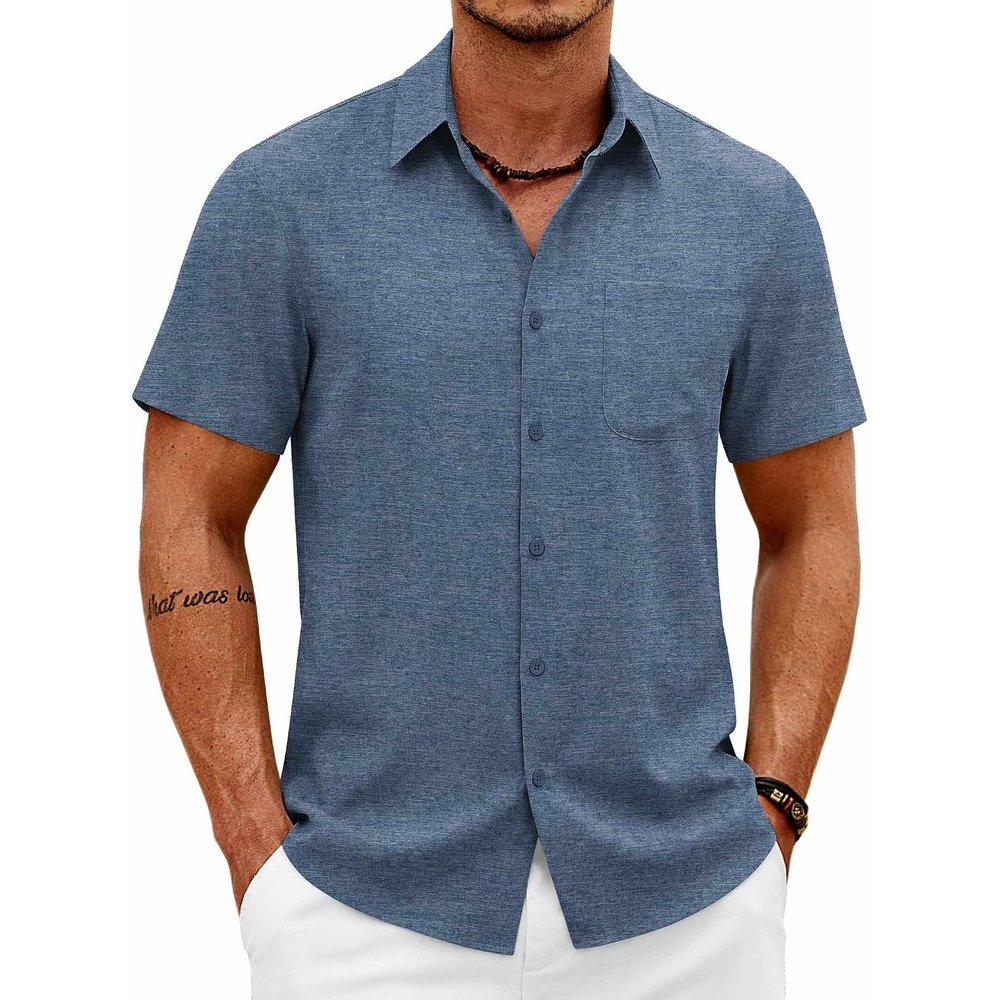 image:imageCOOFANDY Mens Short Sleeve Button Down Shirts Casual Summer Shirts Linen Beach Shirt with PocketDenim Blue