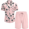 COOFANDY Men’s Hawaiian 2 Piece Outfits Floral Button Down Shirt and Shorts Vacation Outfits Summer Beach Matching Set(Coconut Tree Pink)