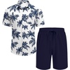 COOFANDY Men’s Hawaiian 2 Piece Outfits Floral Button Down Shirt and Shorts Vacation Outfits Summer Beach Matching Set(Coconut Trees-navy Blue)