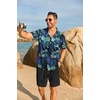 COOFANDY Men’s Hawaiian 2 Piece Outfits Floral Button Down Shirt and Shorts Vacation Outfits Summer Beach Matching Set(Leaf Blue Black)