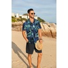 COOFANDY Men’s Hawaiian 2 Piece Outfits Floral Button Down Shirt and Shorts Vacation Outfits Summer Beach Matching Set(Leaf Blue Black)