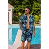 COOFANDY Men’s Hawaiian 2 Piece Outfits Floral Button Down Shirt and Shorts Vacation Outfits Summer Beach Matching Set(Leaf Green)