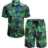 COOFANDY Men’s Hawaiian 2 Piece Outfits Floral Button Down Shirt and Shorts Vacation Outfits Summer Beach Matching Set(Leaf Green Black)