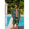 COOFANDY Men’s Hawaiian 2 Piece Outfits Floral Button Down Shirt and Shorts Vacation Outfits Summer Beach Matching Set(Leaf Green Black)