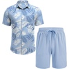 COOFANDY Men’s Hawaiian 2 Piece Outfits Floral Button Down Shirt and Shorts Vacation Outfits Summer Beach Matching Set(Leaf Light Blue)