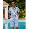 COOFANDY Men’s Hawaiian 2 Piece Outfits Floral Button Down Shirt and Shorts Vacation Outfits Summer Beach Matching Set(Leaf Light Blue)