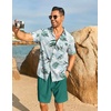COOFANDY Men’s Hawaiian 2 Piece Outfits Floral Button Down Shirt and Shorts Vacation Outfits Summer Beach Matching Set(Leaf Light Green)