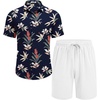 COOFANDY Men’s Hawaiian 2 Piece Outfits Floral Button Down Shirt and Shorts Vacation Outfits Summer Beach Matching Set(Leaf Navy Blue)