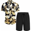 COOFANDY Men’s Hawaiian 2 Piece Outfits Floral Button Down Shirt and Shorts Vacation Outfits Summer Beach Matching Set(Palm Leaf Black)