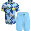 COOFANDY Men’s Hawaiian 2 Piece Outfits Floral Button Down Shirt and Shorts Vacation Outfits Summer Beach Matching Set(Palm Leaf Blue)