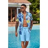 COOFANDY Men’s Hawaiian 2 Piece Outfits Floral Button Down Shirt and Shorts Vacation Outfits Summer Beach Matching Set(Palm Leaf Blue)