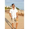 COOFANDY Men’s Hawaiian 2 Piece Outfits Floral Button Down Shirt and Shorts Vacation Outfits Summer Beach Matching Set(Palm Leaf White)
