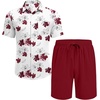 COOFANDY Men’s Hawaiian 2 Piece Outfits Floral Button Down Shirt and Shorts Vacation Outfits Summer Beach Matching Set(White & Red Floral)